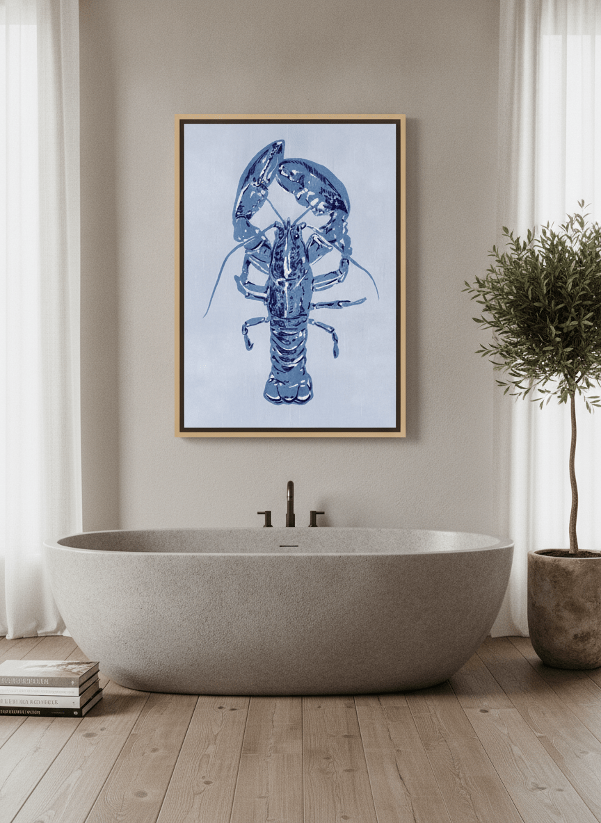 Canvas wall art with a natural timber surround styled on the wall in a luxe bathroom