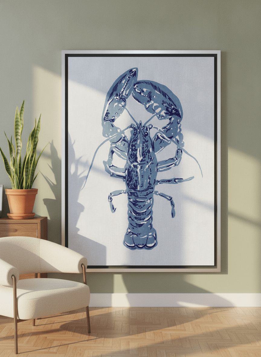 Oversized statement canvas wall art with a silver leaf surround leaning against the wall in a mid-century dining room