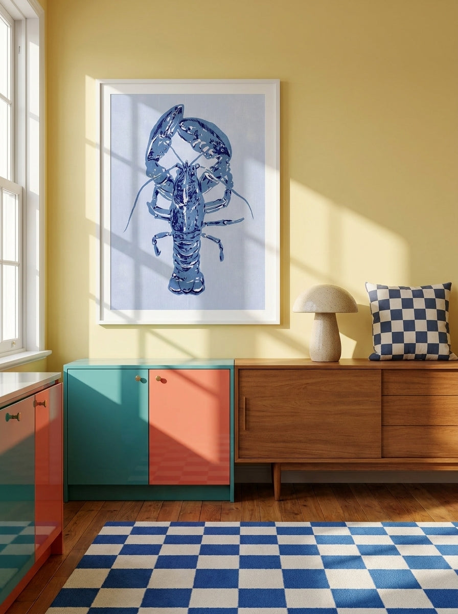 Modern wall art print styled on the wall in a colourful eclectic kitchen