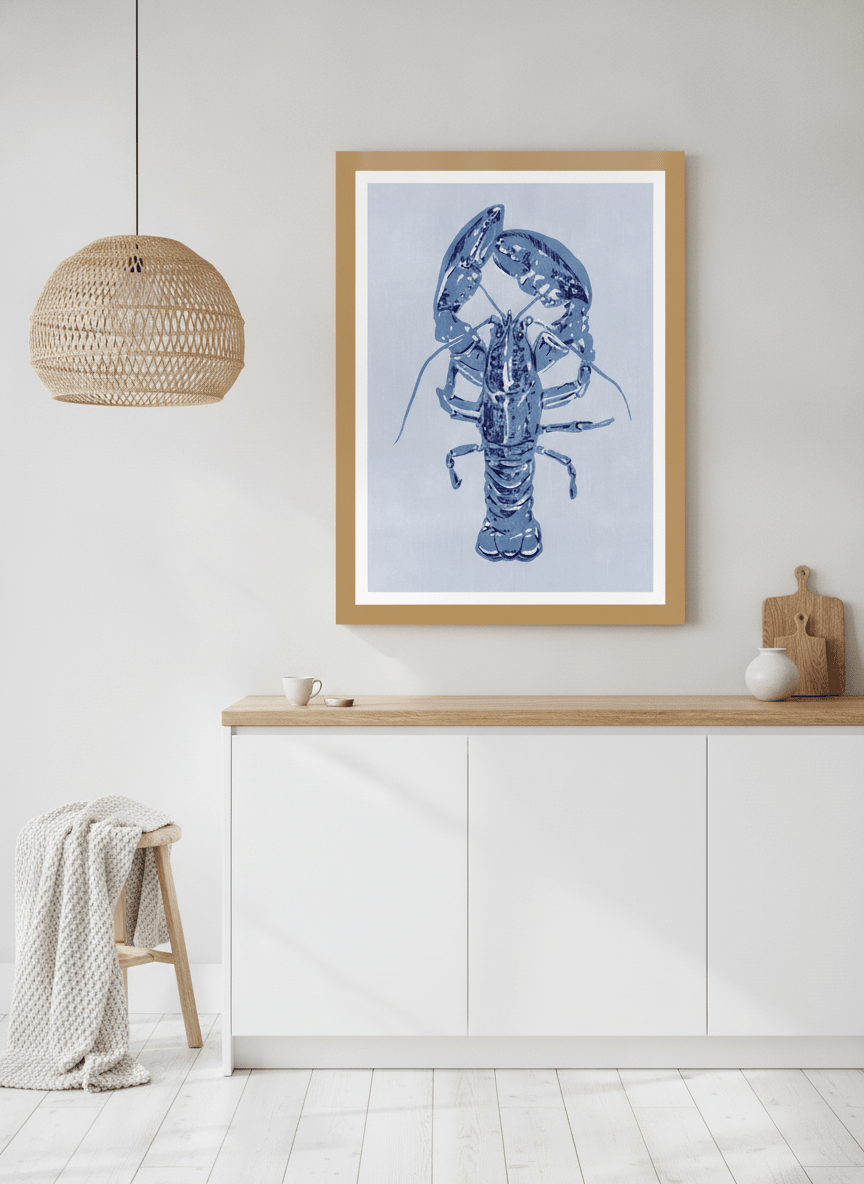 Modern wall art print styled on the wall in a bright Scandinavian kitchen