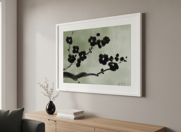 Modern wall art styled above a sofa in a neutral living room