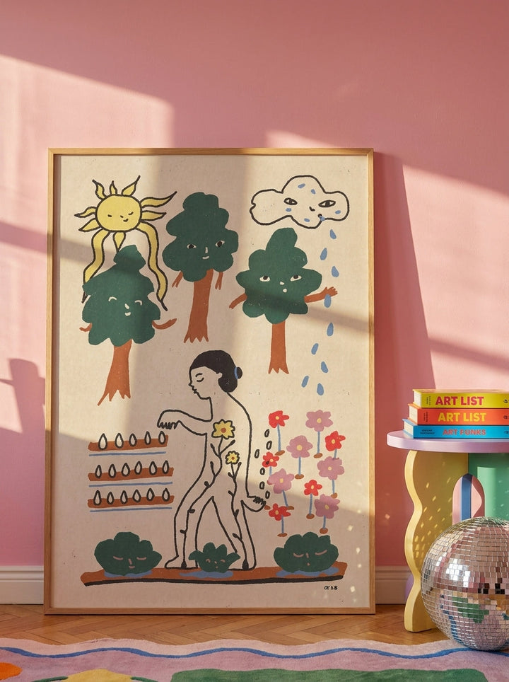 Oversized statement modern wall art print leaning against the wall in a colourful eclectic dining room