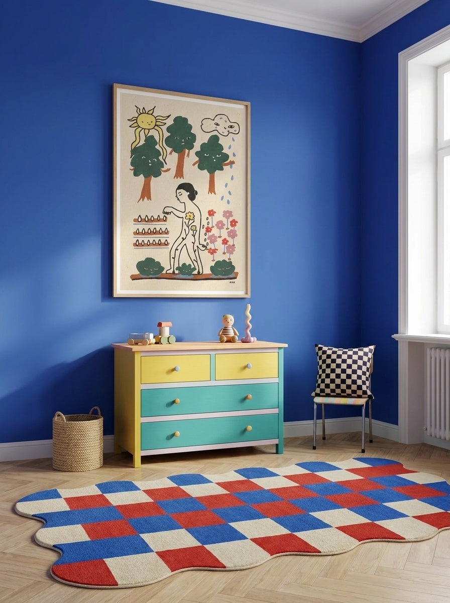 Modern wall art print styled on the wall in a colourful eclectic nursery