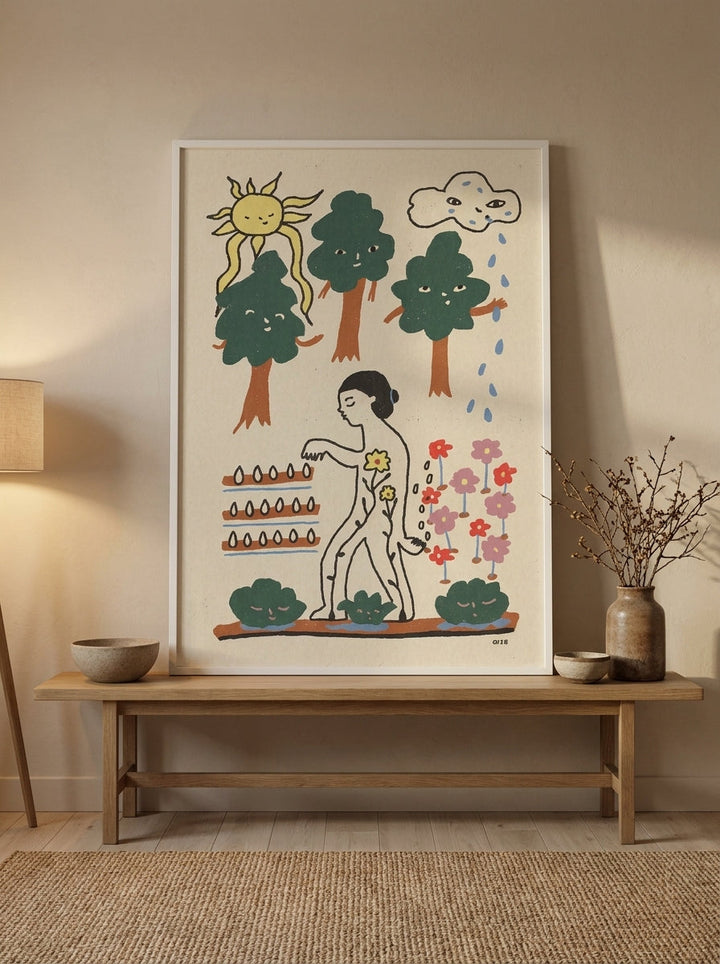 Modern wall art print standing on a bench in a warm Japandi bedroom