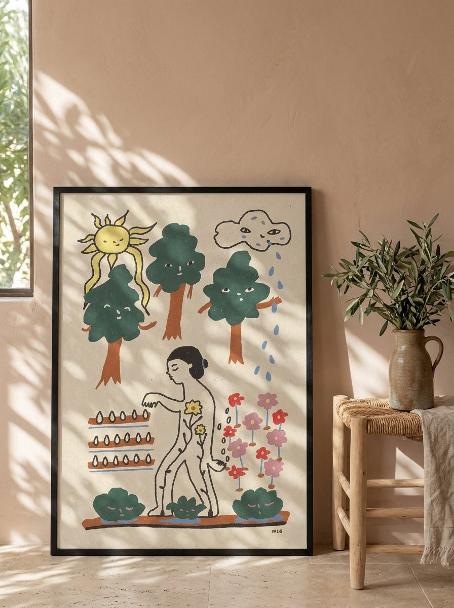 Modern wall art print leaning against the wall in a Mediterranean home office