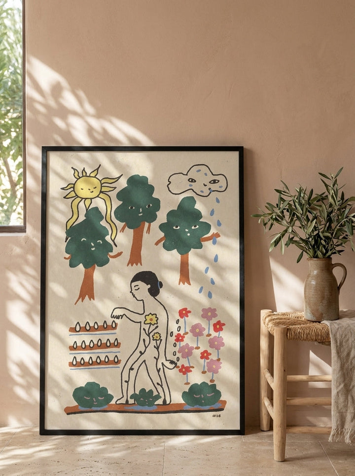 Modern wall art print leaning against the wall in a Mediterranean home office