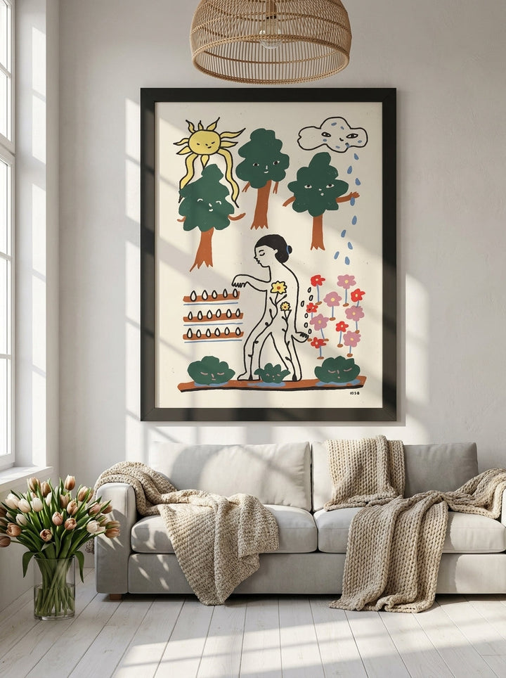 Oversized statement modern wall art print styled on the wall in a bright Scandinavian living room
