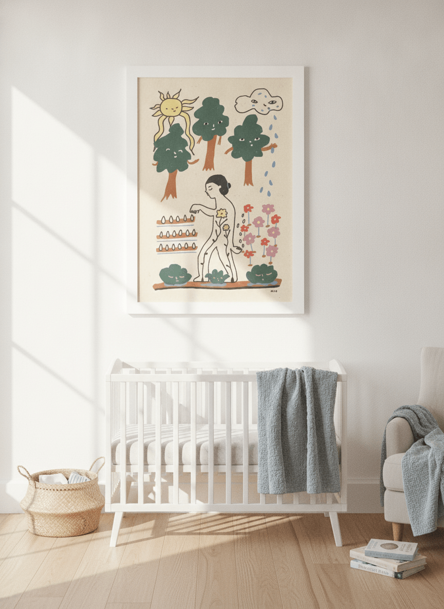 Modern wall art print styled on the wall in a coastal nursery