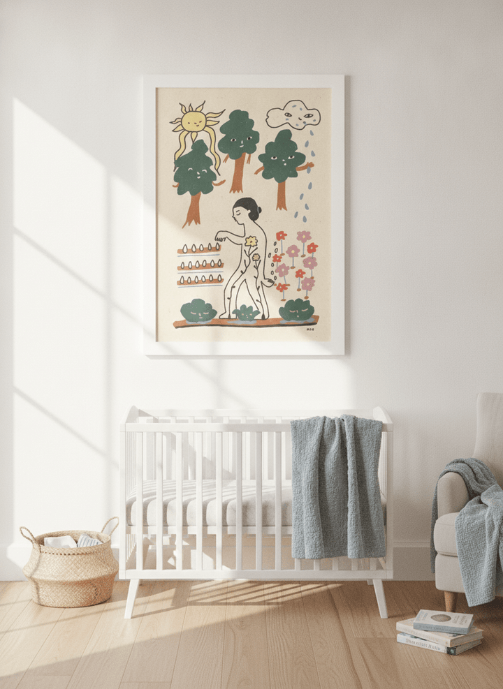 Modern wall art print styled on the wall in a coastal nursery