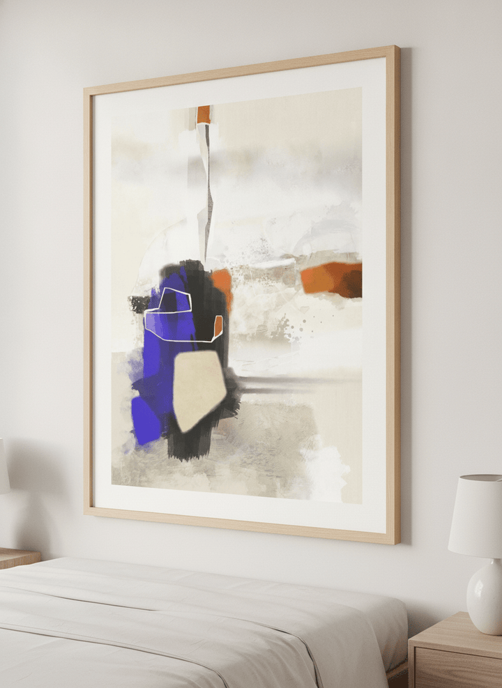 Minimalist artwork displayed in a calm, light-filled bedroom interior