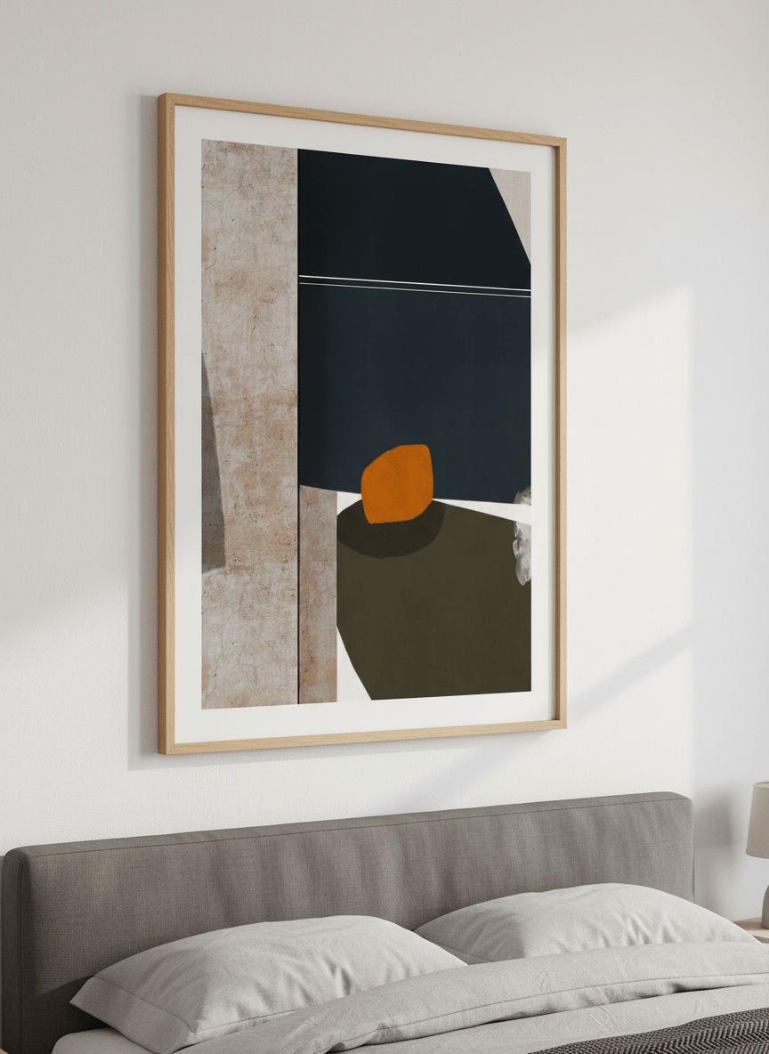 Minimalist artwork displayed in a calm, light-filled bedroom interior