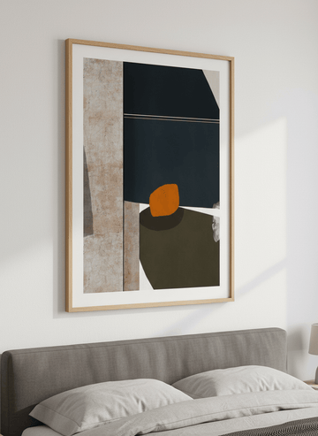 Minimalist artwork displayed in a calm, light-filled bedroom interior