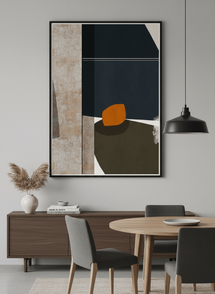 Wall art styled above a dining table in a contemporary home