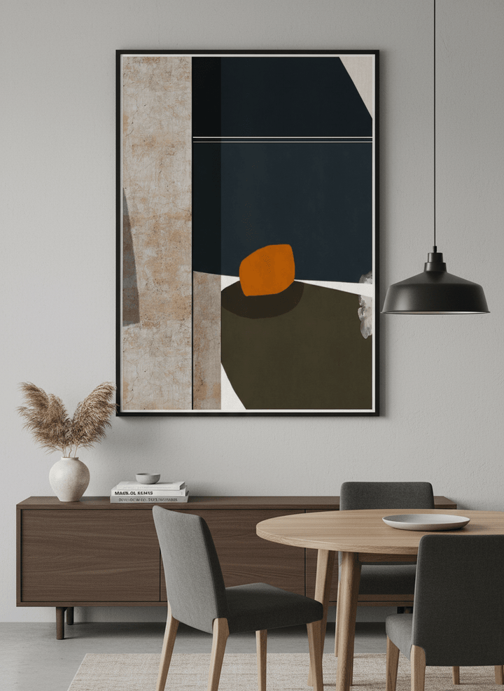 Wall art styled above a dining table in a contemporary home