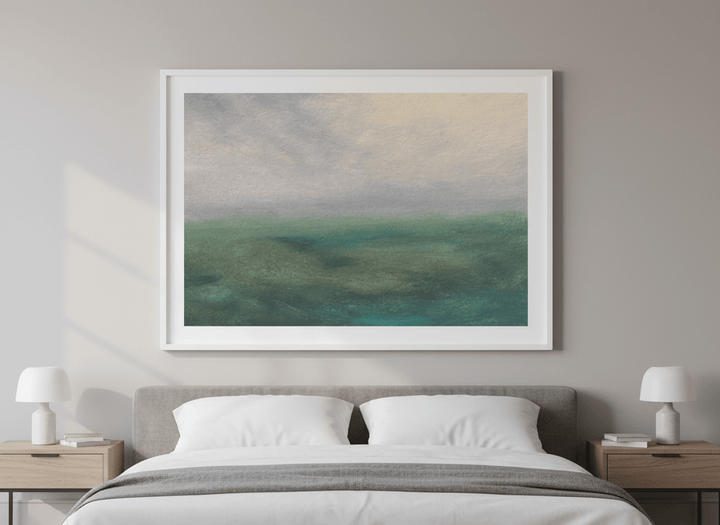 Minimalist artwork displayed in a calm, light-filled bedroom interior