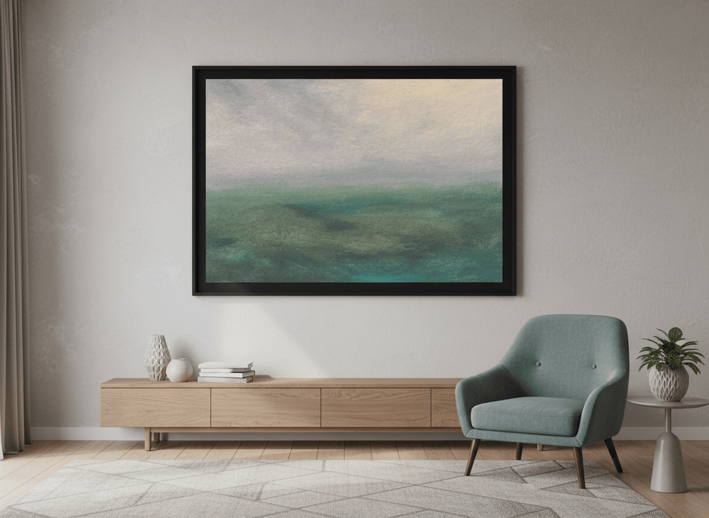 Modern wall art styled above a sofa in a neutral living room