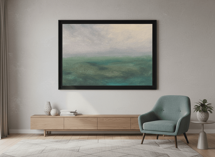 Modern wall art styled above a sofa in a neutral living room