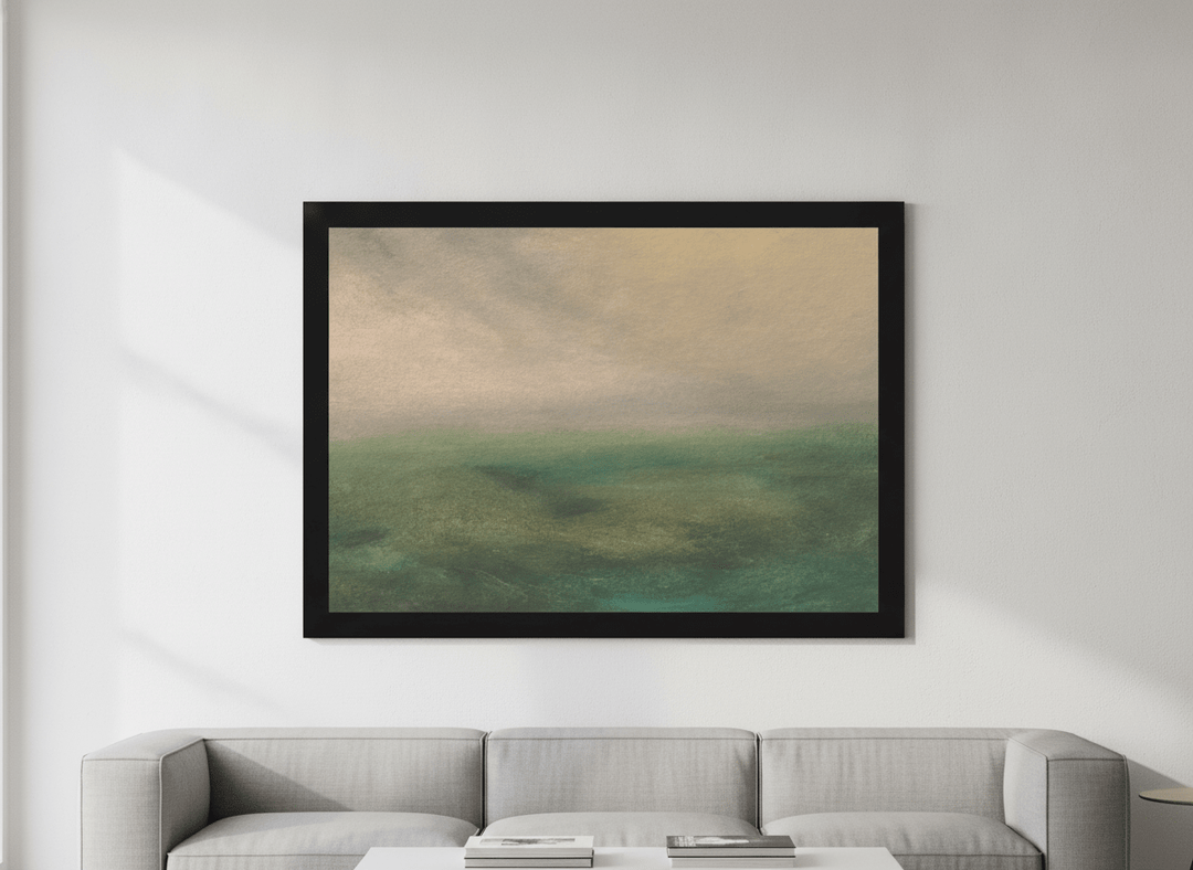 Modern wall art styled above a sofa in a neutral living room