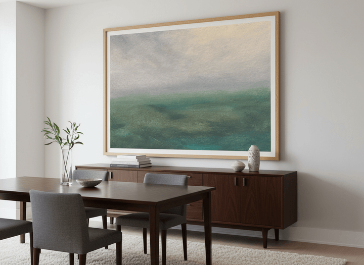 Monumental artwork centred on a feature wall in a luxe interior