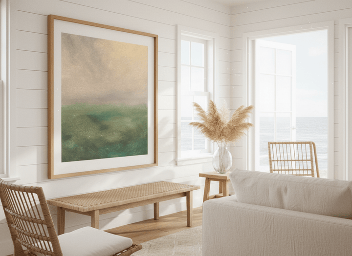 Neutral wall art displayed in a sunny coastal beach house