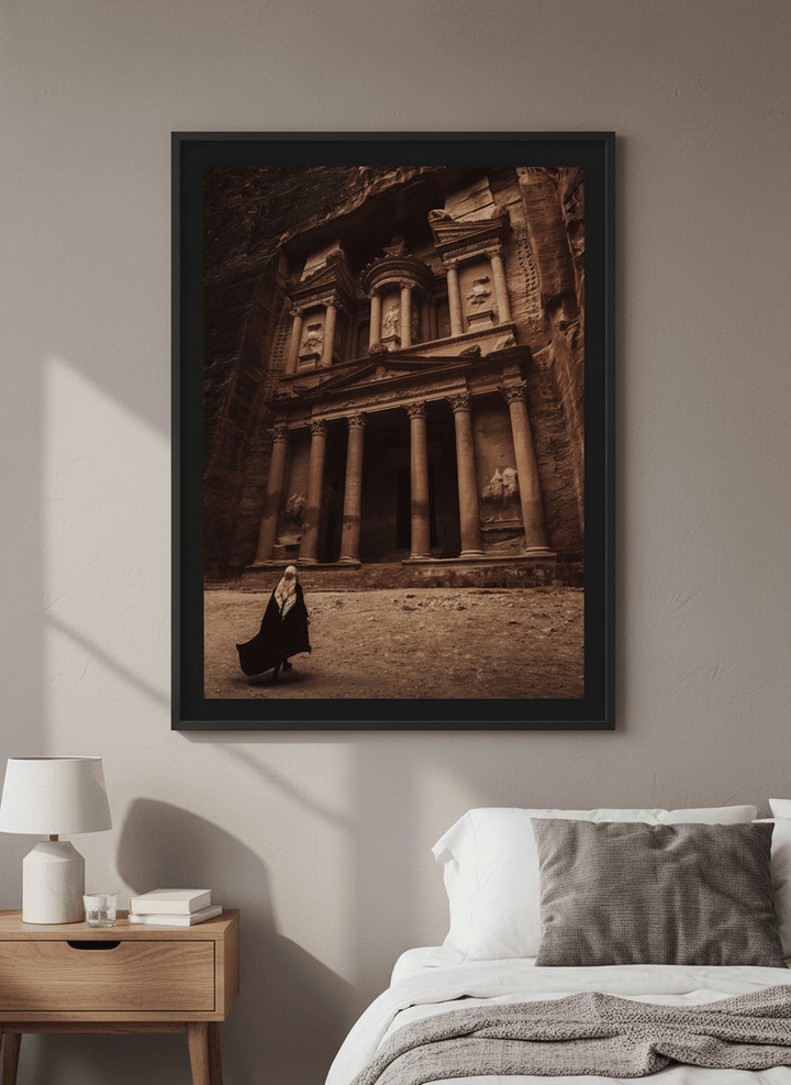Minimalist artwork displayed in a calm, light-filled bedroom interior