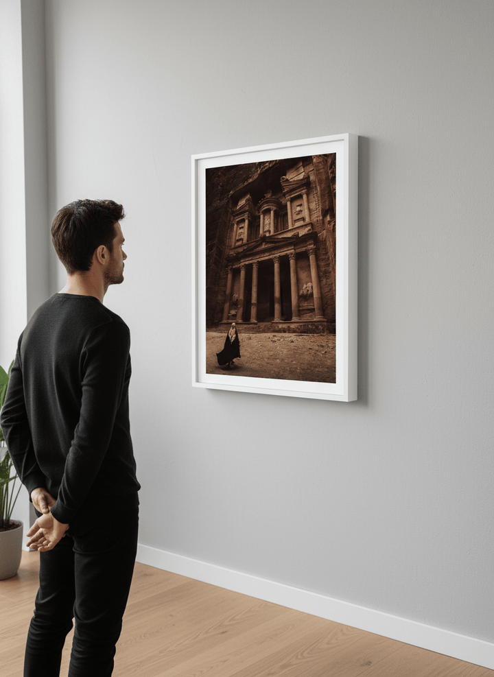Person showcasing the artwork against a clean modern interior wall