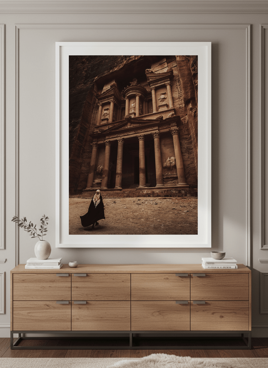 Monumental artwork centred on a feature wall in a luxe interior