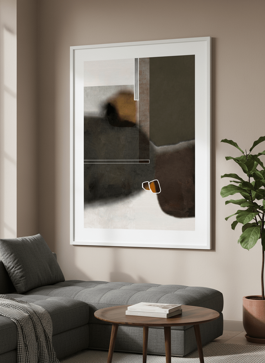 Modern wall art styled above a sofa in a neutral living room