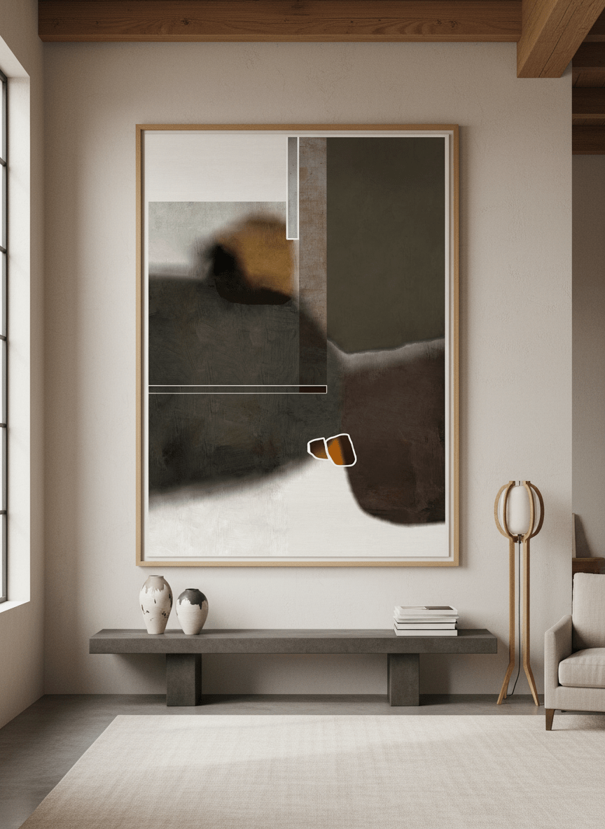 Monumental artwork centred on a feature wall in a luxe interior