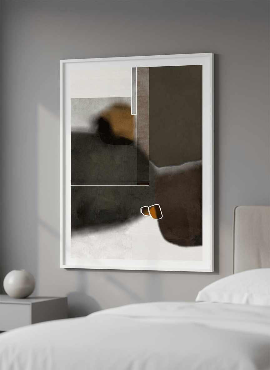Minimalist artwork displayed in a calm, light-filled bedroom interior