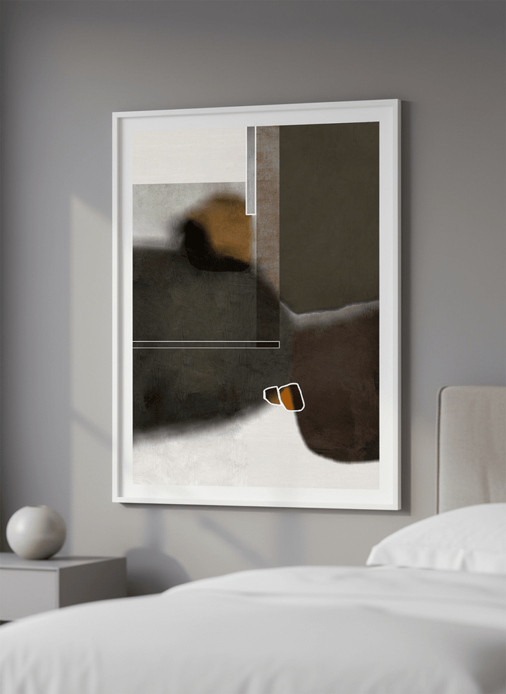 Minimalist artwork displayed in a calm, light-filled bedroom interior