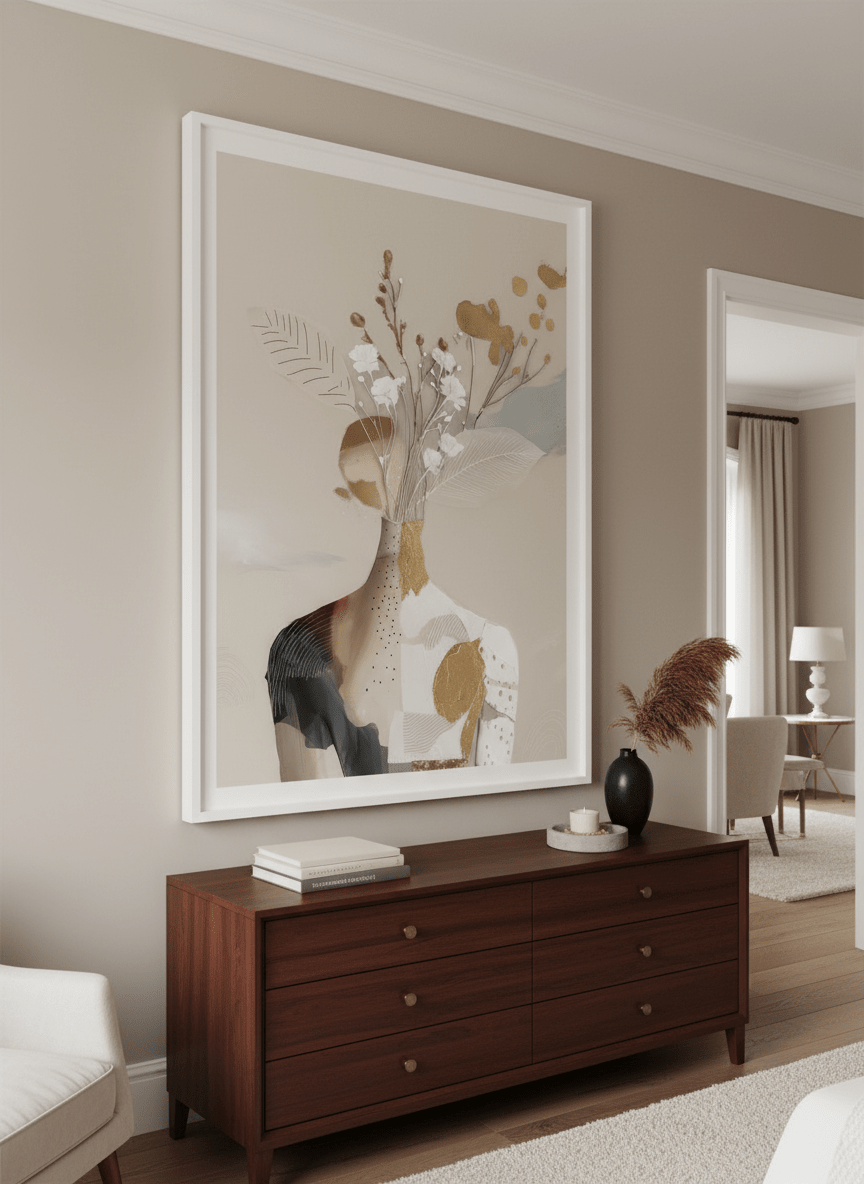 Monumental artwork centred on a feature wall in a luxe interior