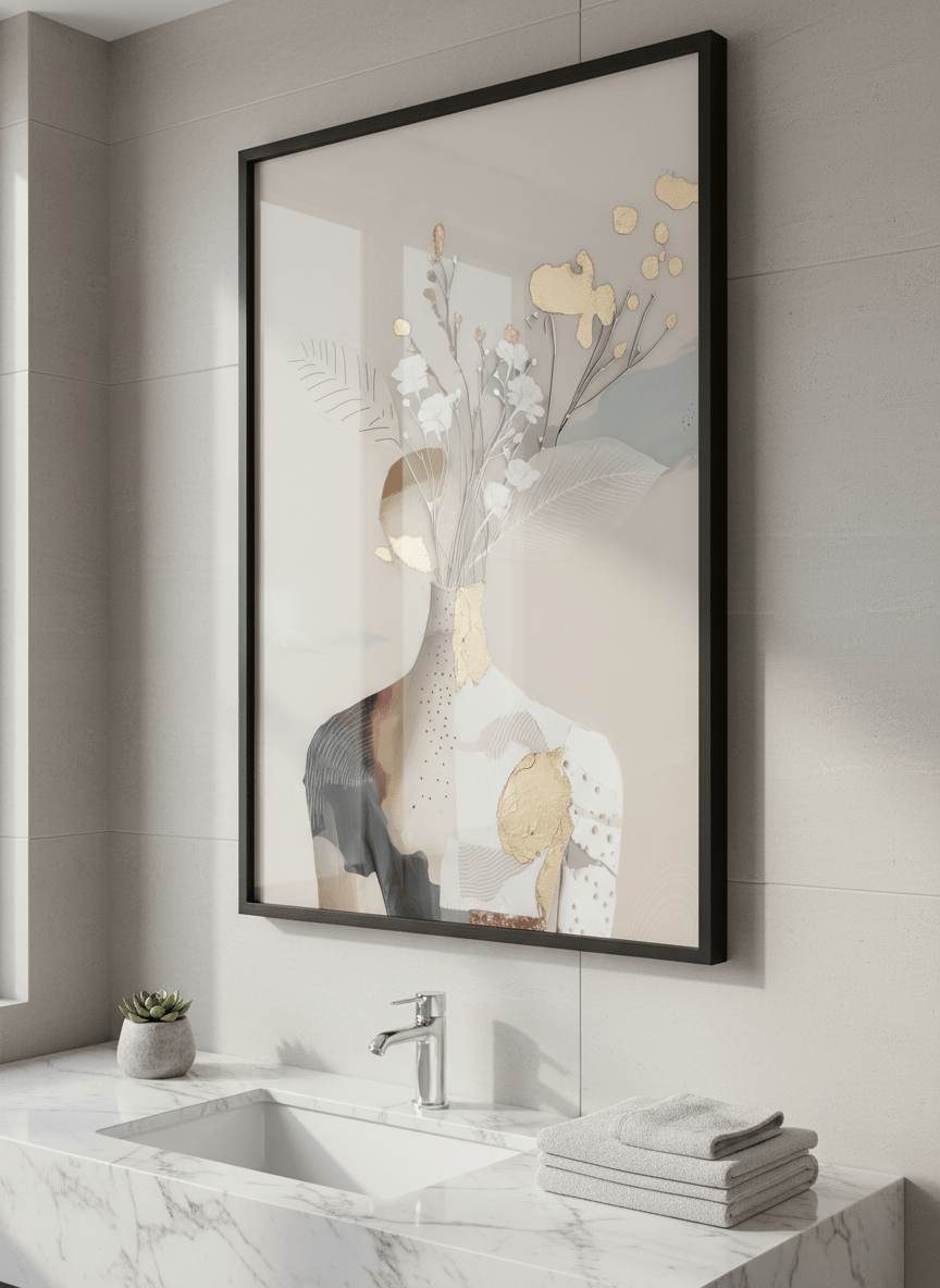 Modern print displayed in a clean minimalist bathroom setting