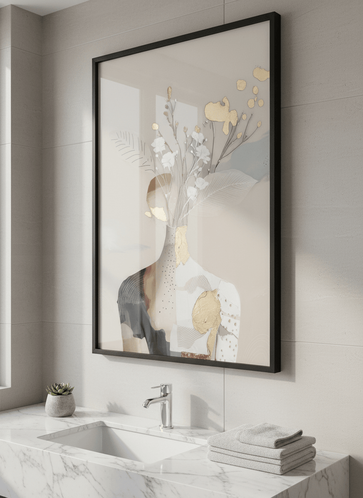 Modern print displayed in a clean minimalist bathroom setting