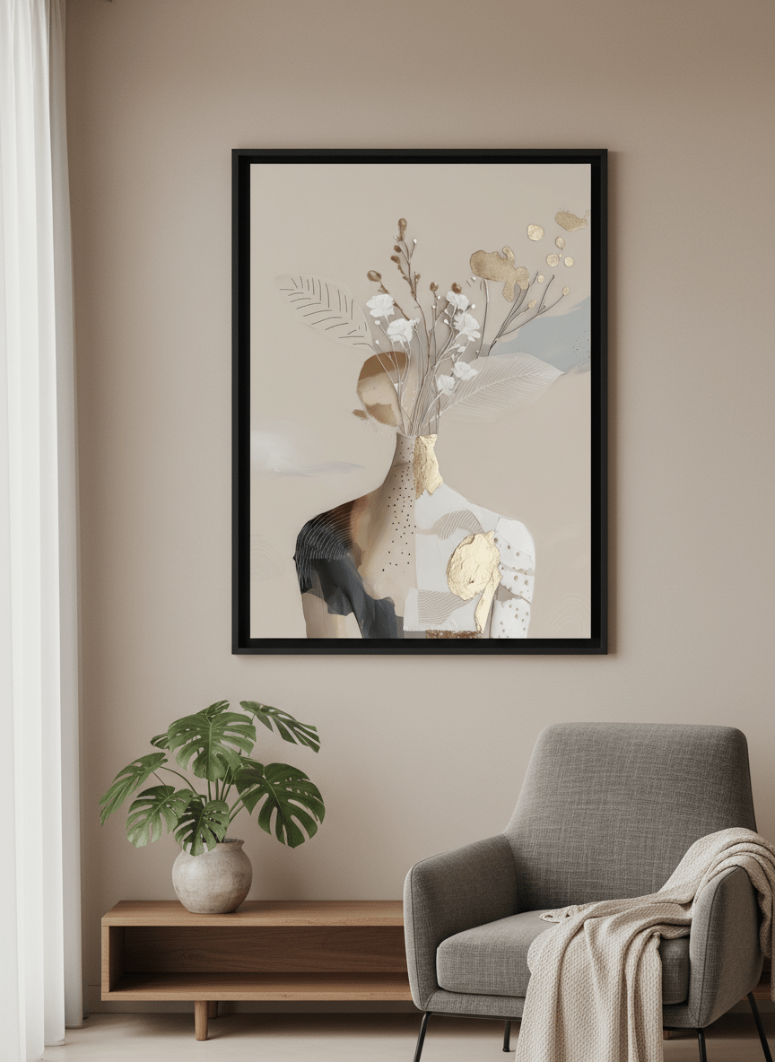 Modern wall art styled above a sofa in a neutral living room
