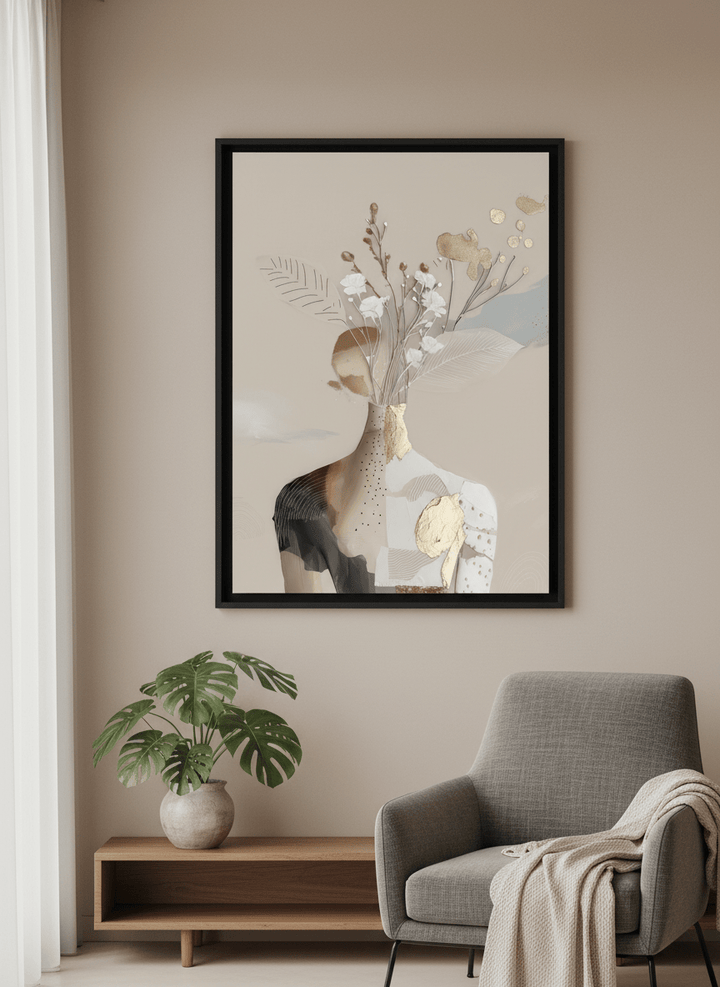 Modern wall art styled above a sofa in a neutral living room