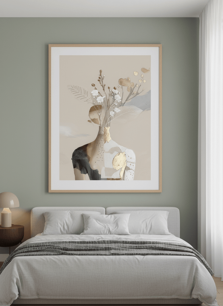 Minimalist artwork displayed in a calm, light-filled bedroom interior