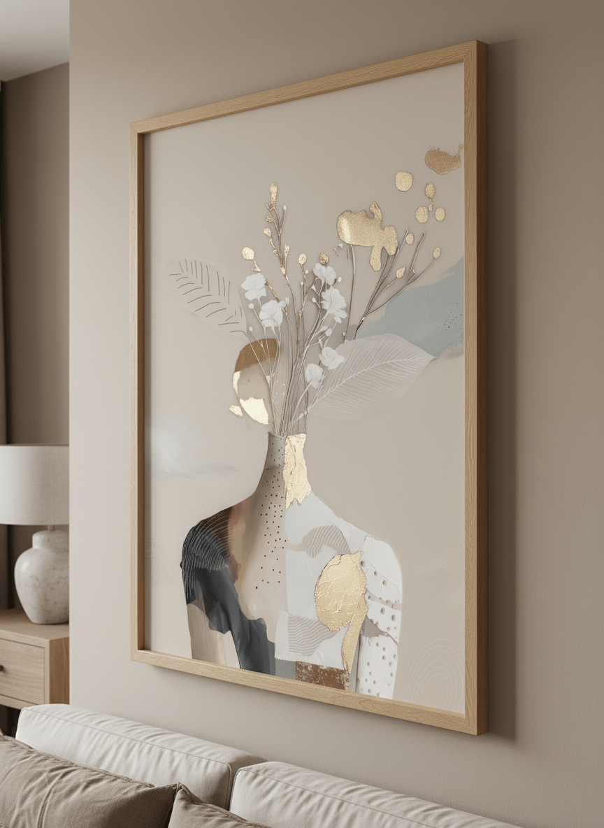 Minimalist artwork displayed in a calm, light-filled bedroom interior