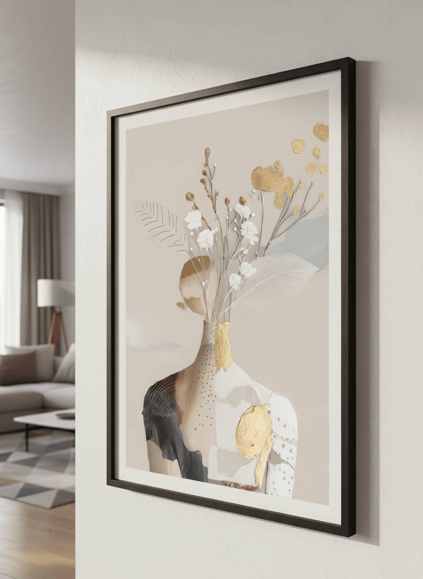 Modern wall art styled above a sofa in a neutral living room