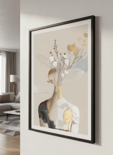 Modern wall art styled above a sofa in a neutral living room