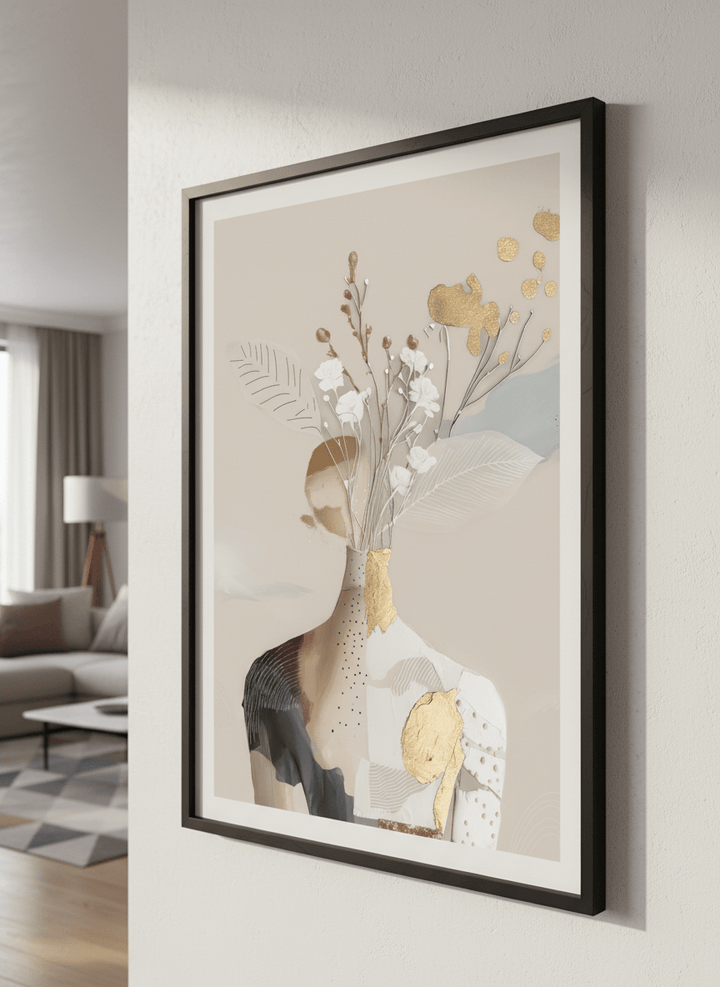 Modern wall art styled above a sofa in a neutral living room