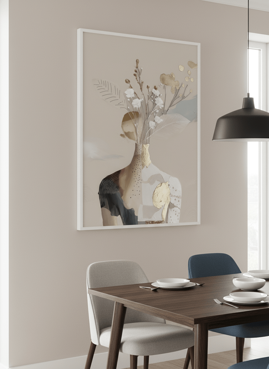 Wall art styled above a dining table in a contemporary home