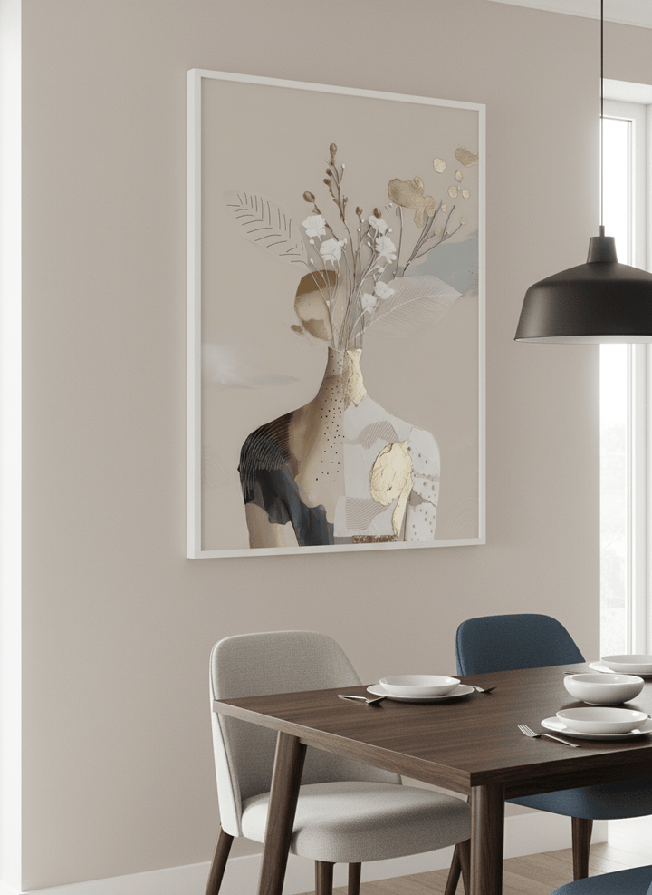 Wall art styled above a dining table in a contemporary home