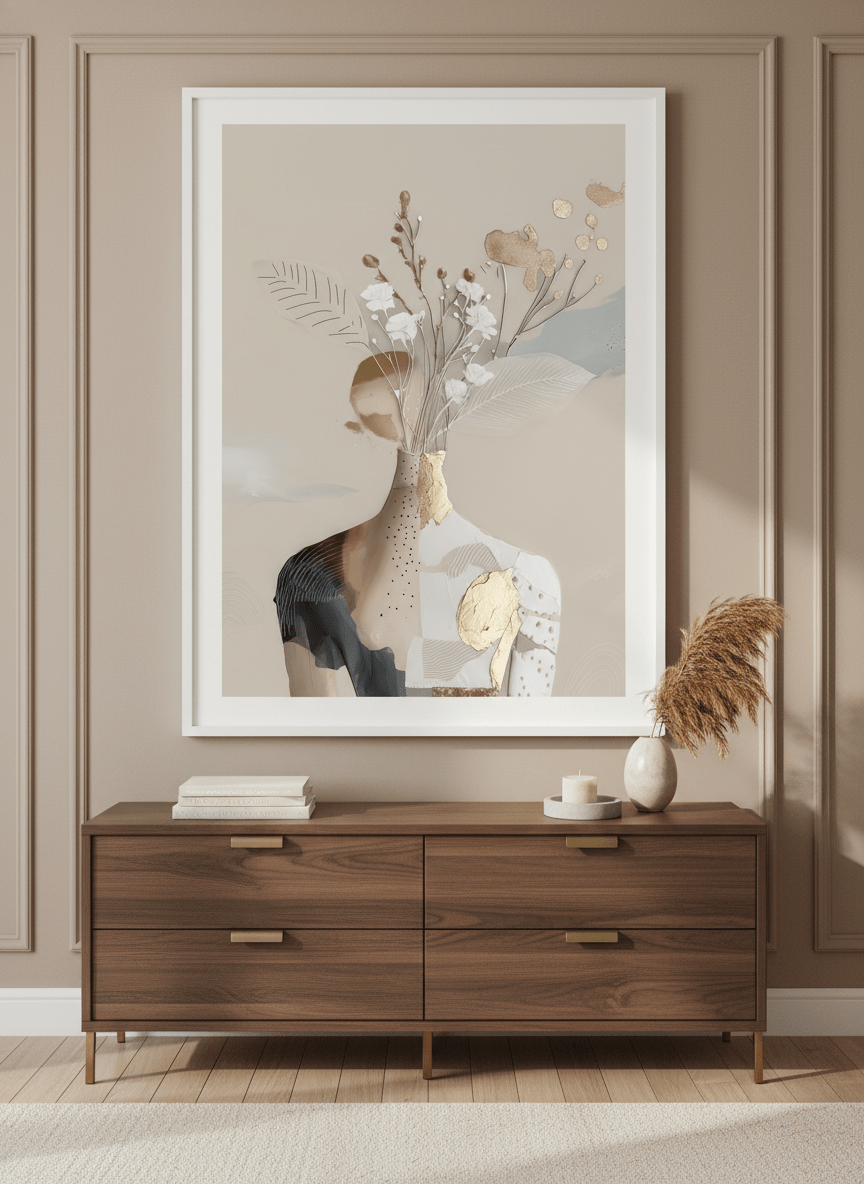 Monumental artwork centred on a feature wall in a luxe interior