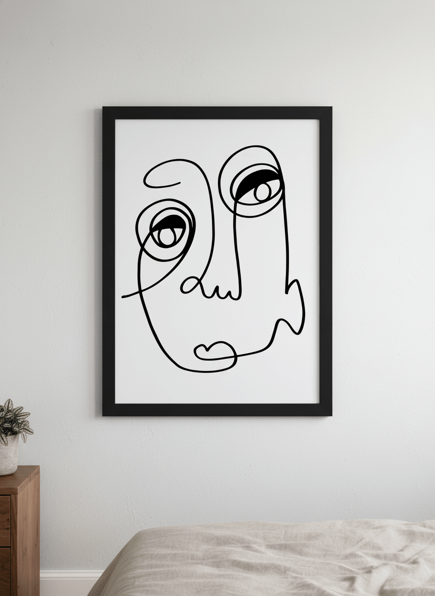 Minimalist artwork displayed in a calm, light-filled bedroom interior