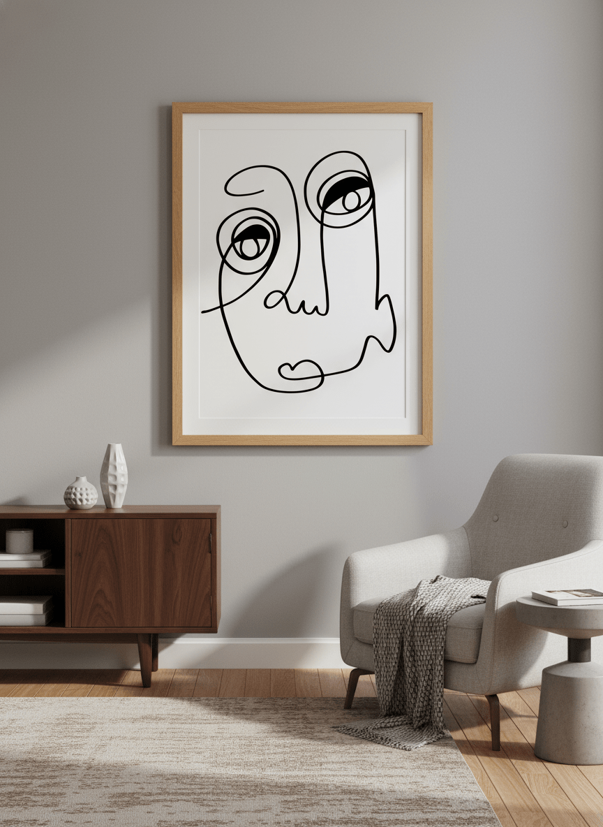 Modern wall art styled above a sofa in a neutral living room