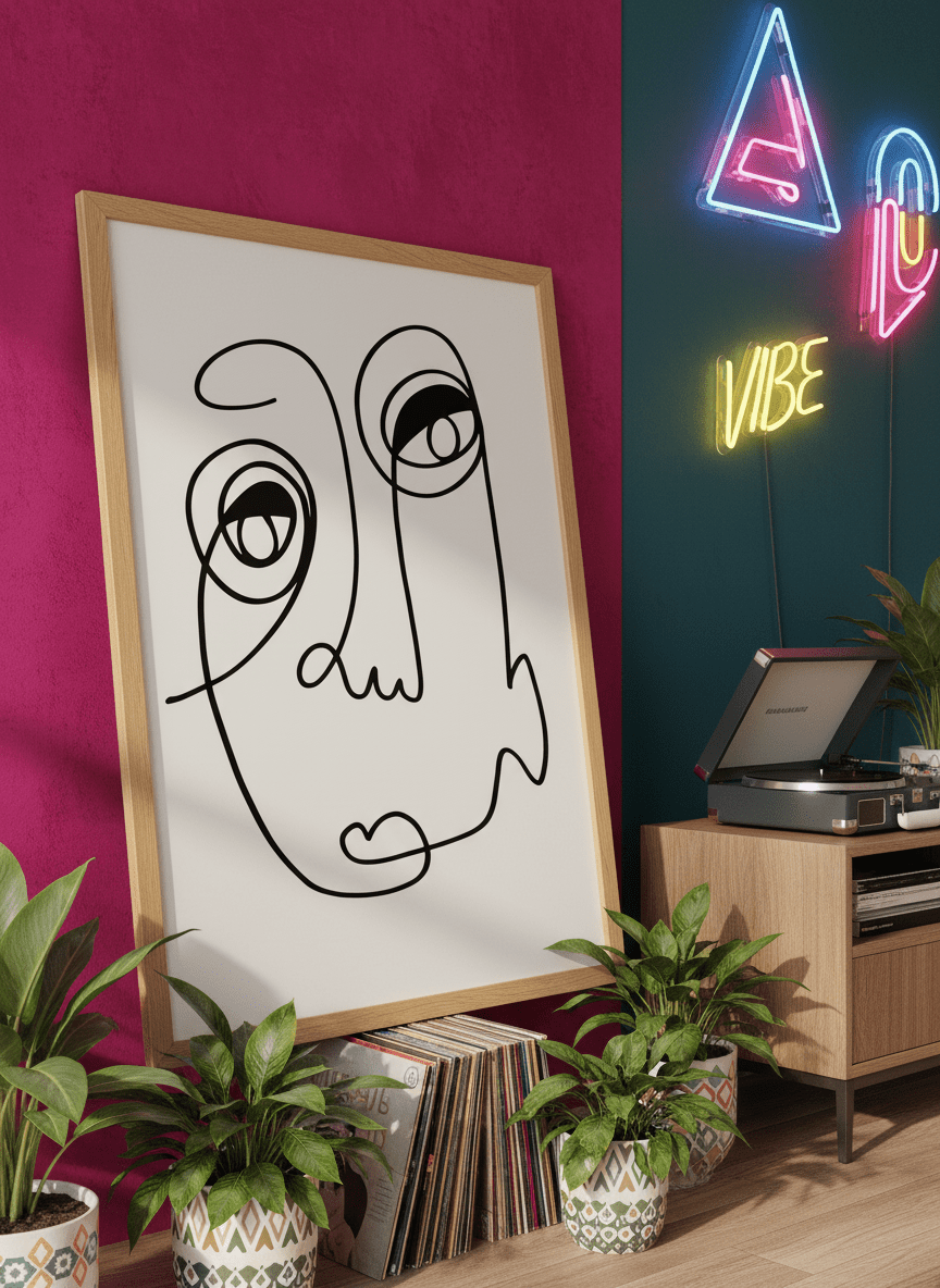 Bold wall art styled in a colourful, eclectic modern home