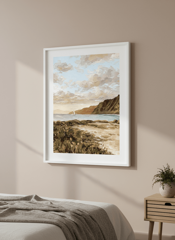 Minimalist artwork displayed in a calm, light-filled bedroom interior