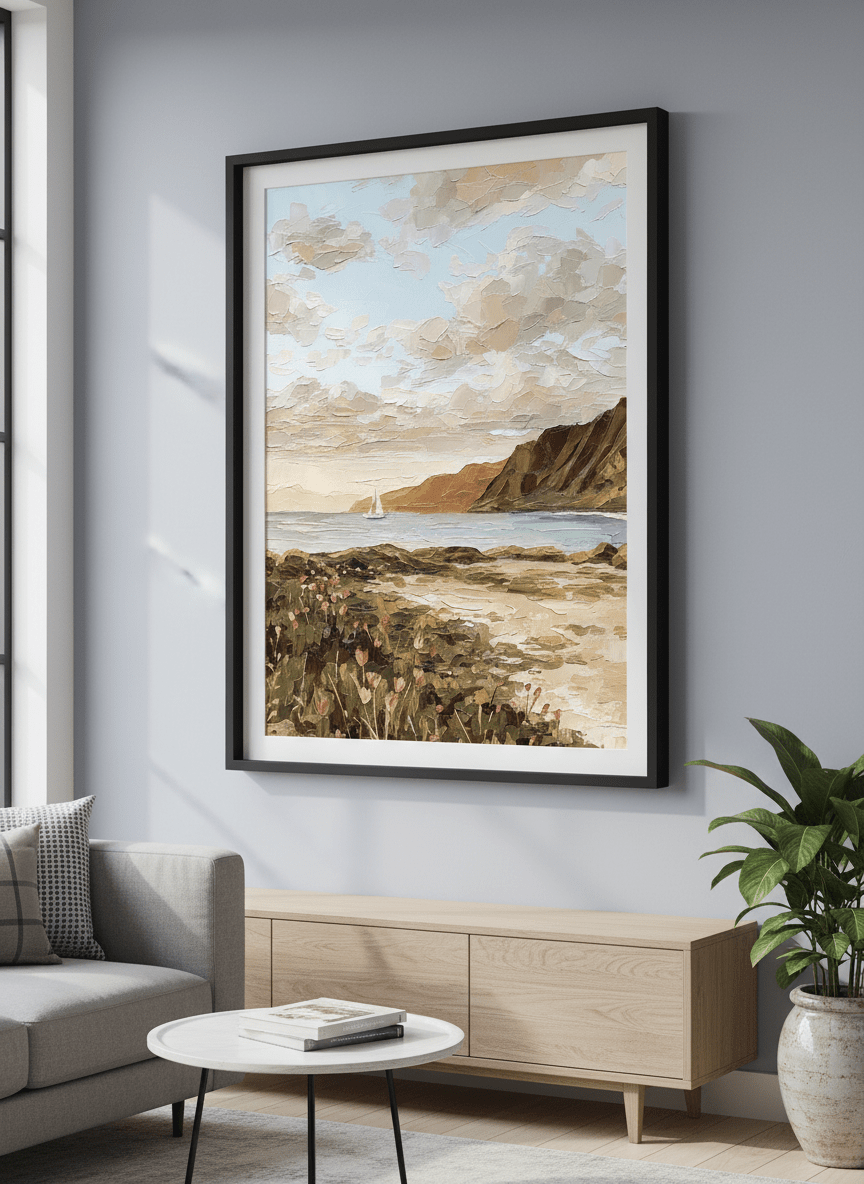 Modern wall art styled above a sofa in a neutral living room