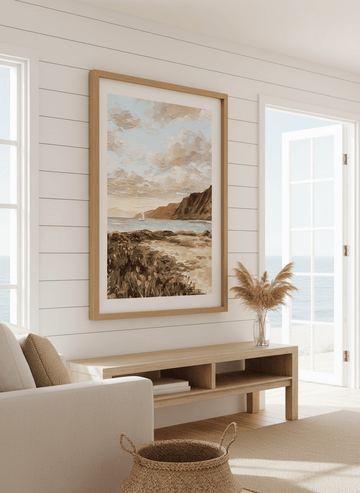 Neutral wall art displayed in a sunny coastal beach house